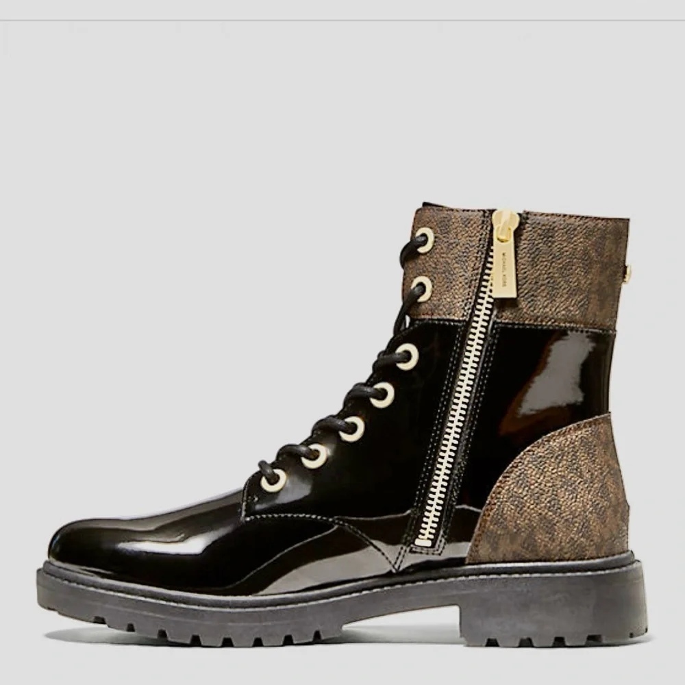 combat boots lace up monogram boots Michael Kors boots chunky boot Glossy black
